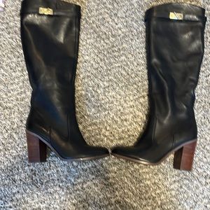 Black tall boots wooden heel